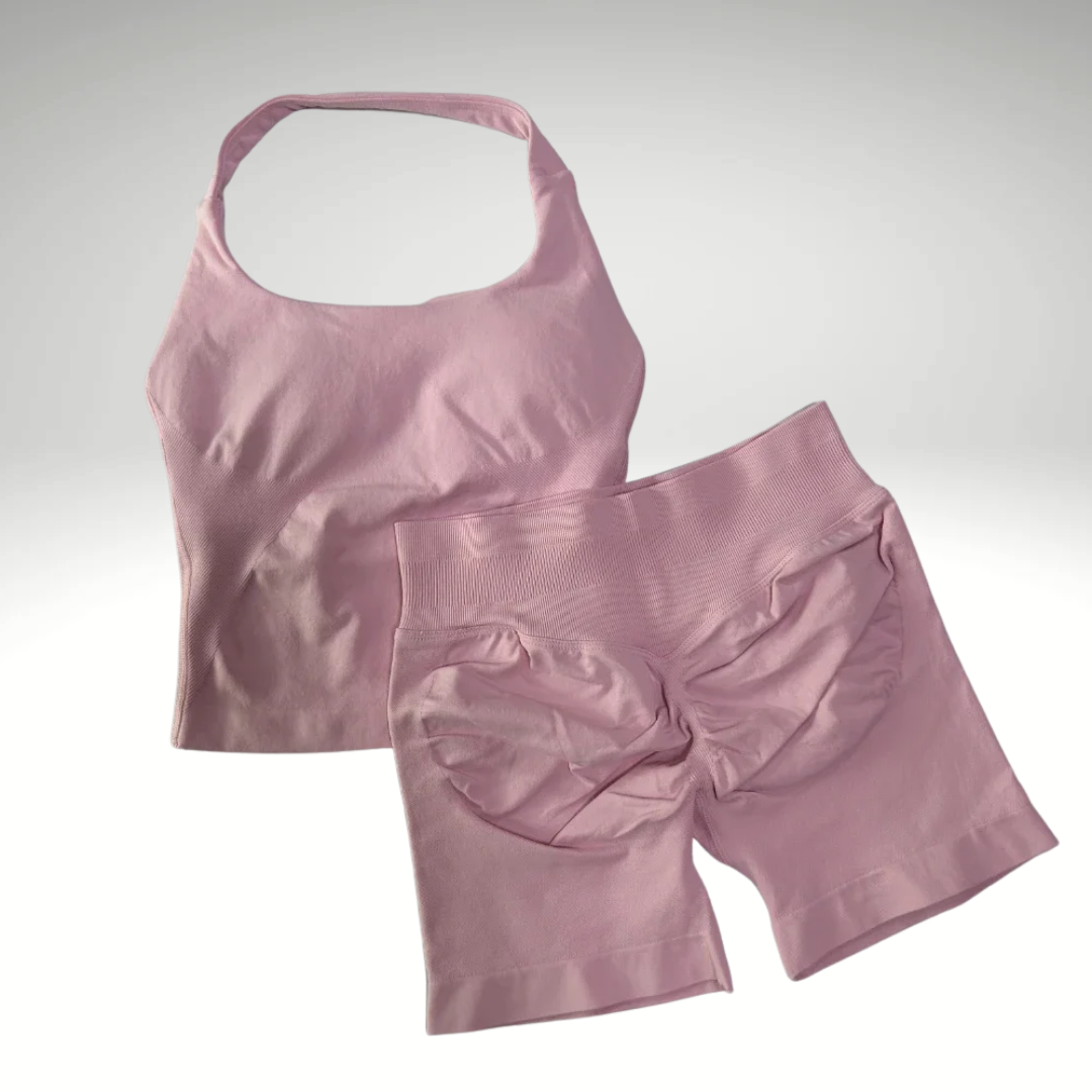 Pink seamless halter sports top with built-in bra + free bottom