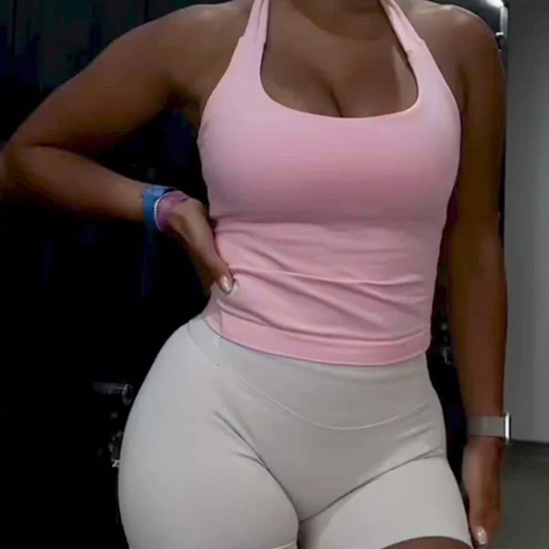 Top de sport rose femme sans coutures à col licou avec soutien-gorge intégré + bas offert – Débardeur yoga à bretelles