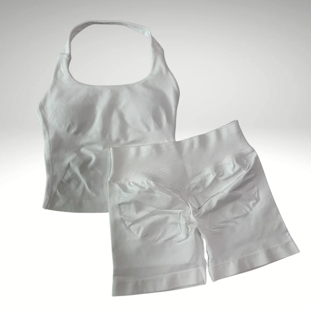 White seamless sports bra tank top with removable pads + free bottom