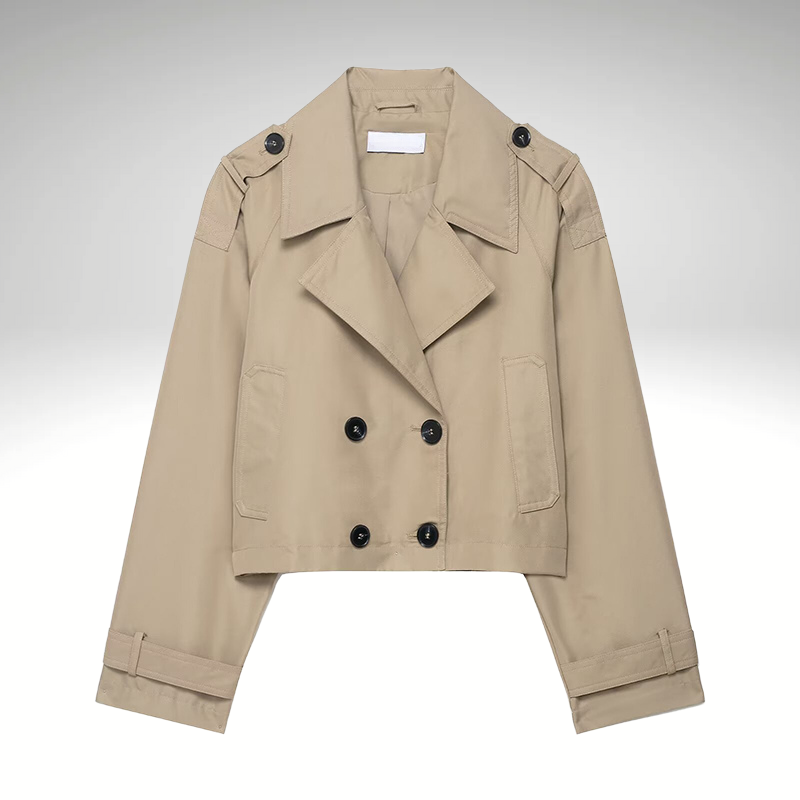 Women’s short double-breasted coat beige chic lapel collar