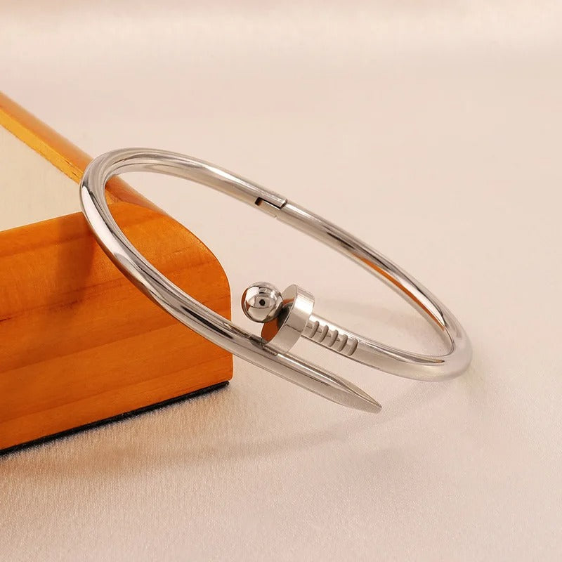 Women’s silver stainless steel bracelet with elegant round beads closeup 