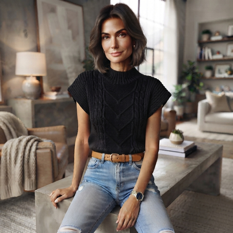 Black women's sleeveless cable-knit sweater with a high neck