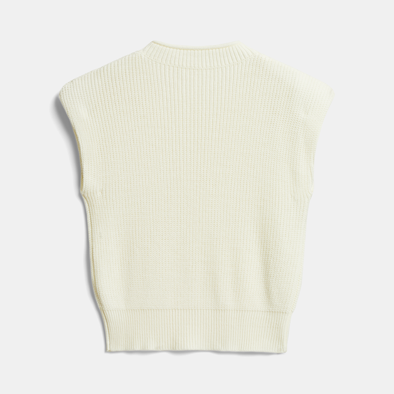 Back view of a white women's sleeveless cable-knit sweater