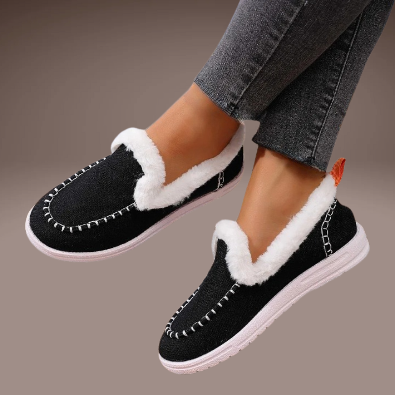 women’s plush denim black slippers with white sole