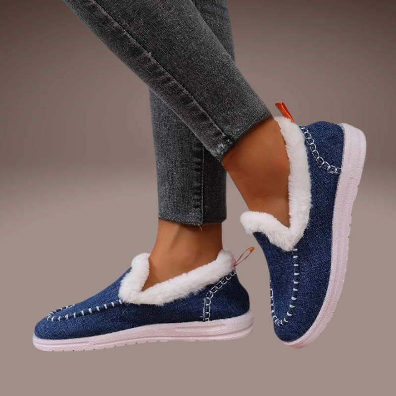 women’s plush denim blue slippers with white sole
