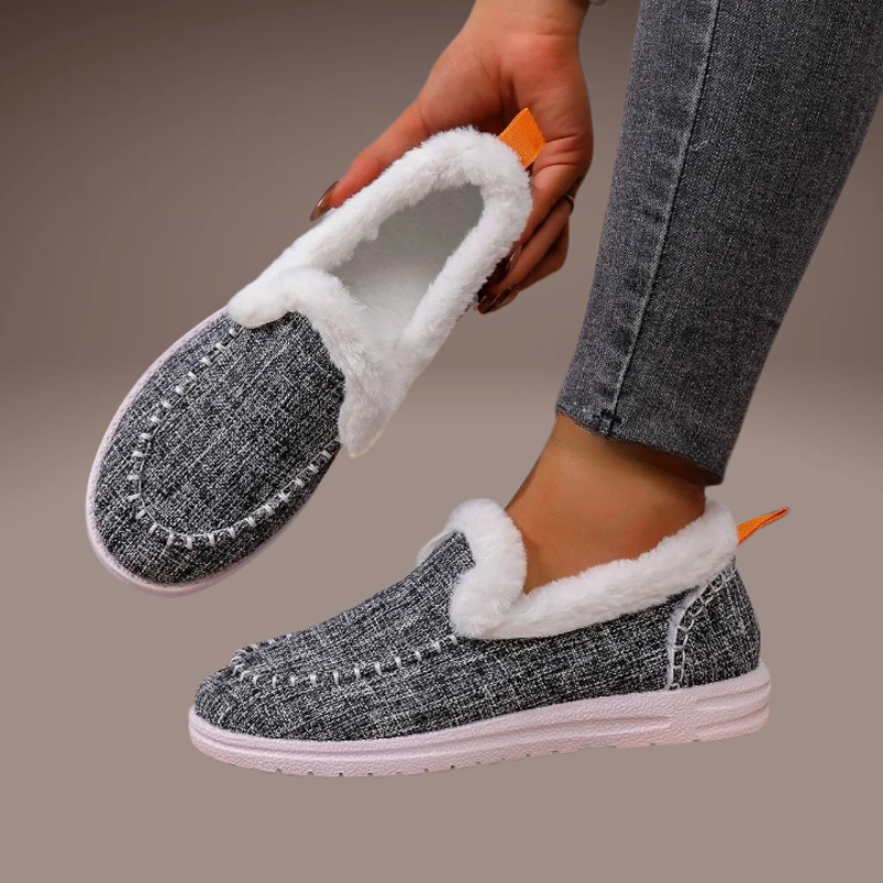 women’s plush denim grey slippers with white sole