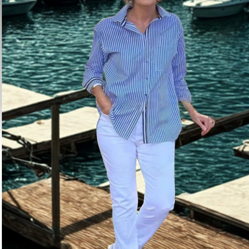 Women’s blue striped cotton shirt – elegant long sleeve button down casual chic