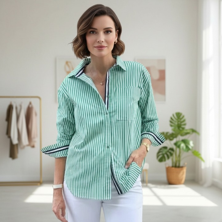 Women’s green striped cotton shirt – casual chic button down long sleeves