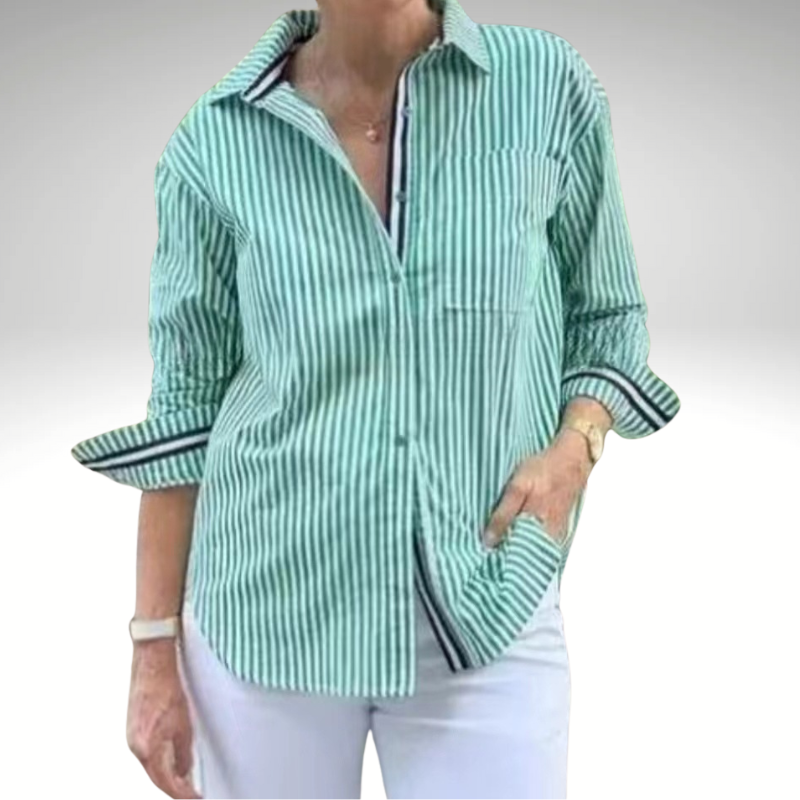 Women’s green striped cotton shirt – casual chic button down long sleeves