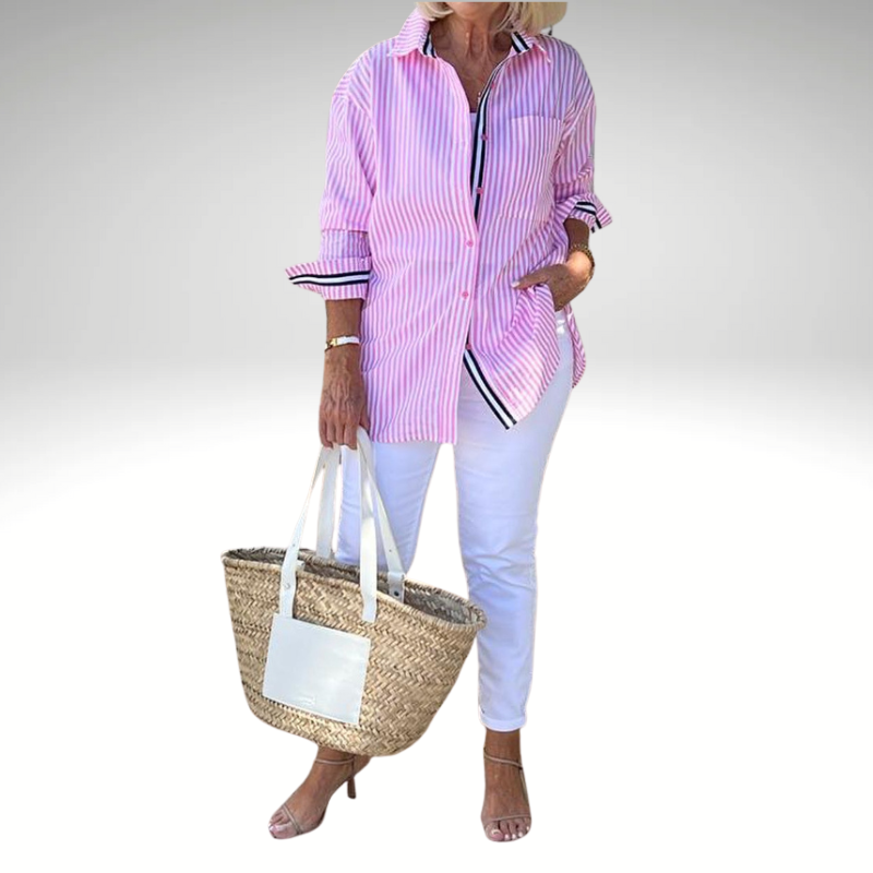 Women’s pink striped cotton shirt – long sleeve button down casual chic