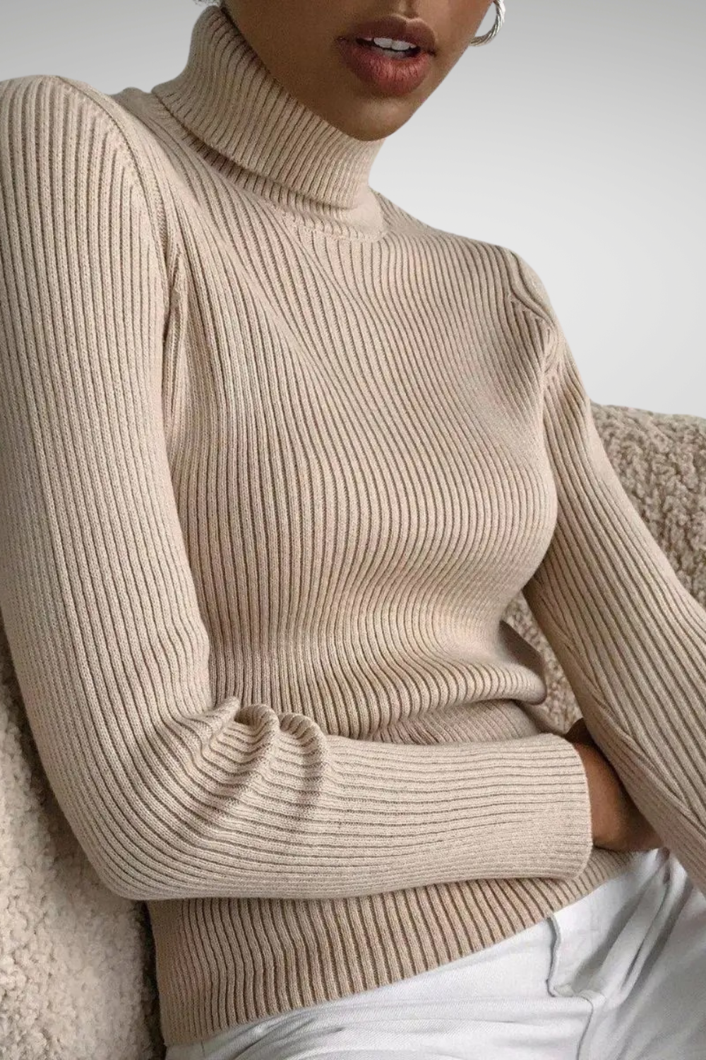 Women’s beige slim turtleneck sweater – soft minimalist knit