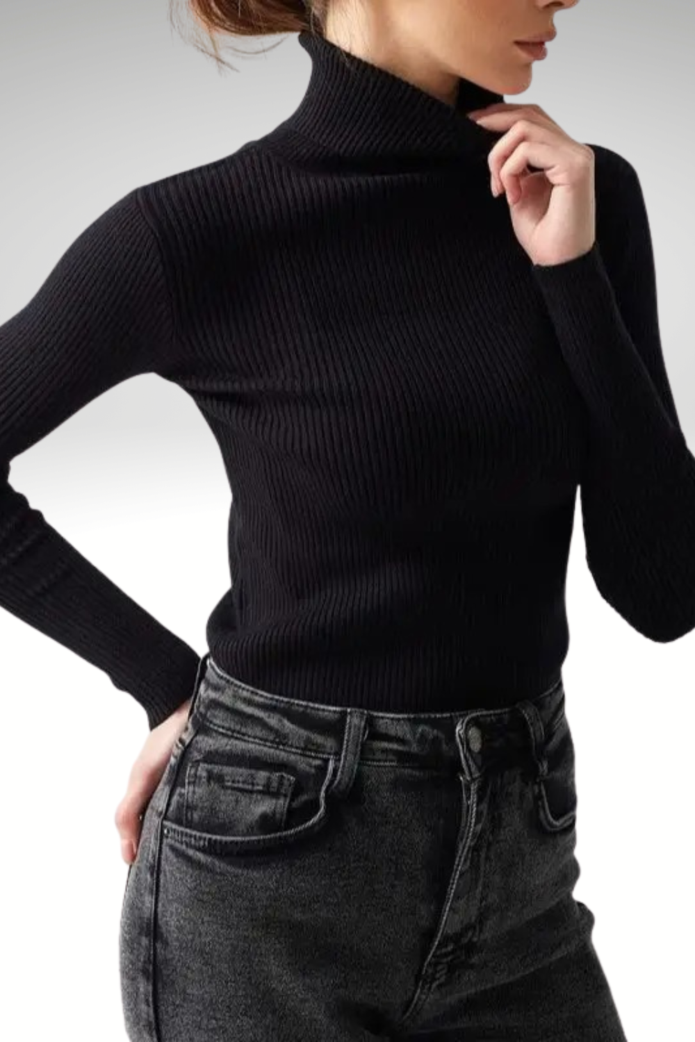 Women’s black slim turtleneck sweater – elegant ribbed knit -view side 