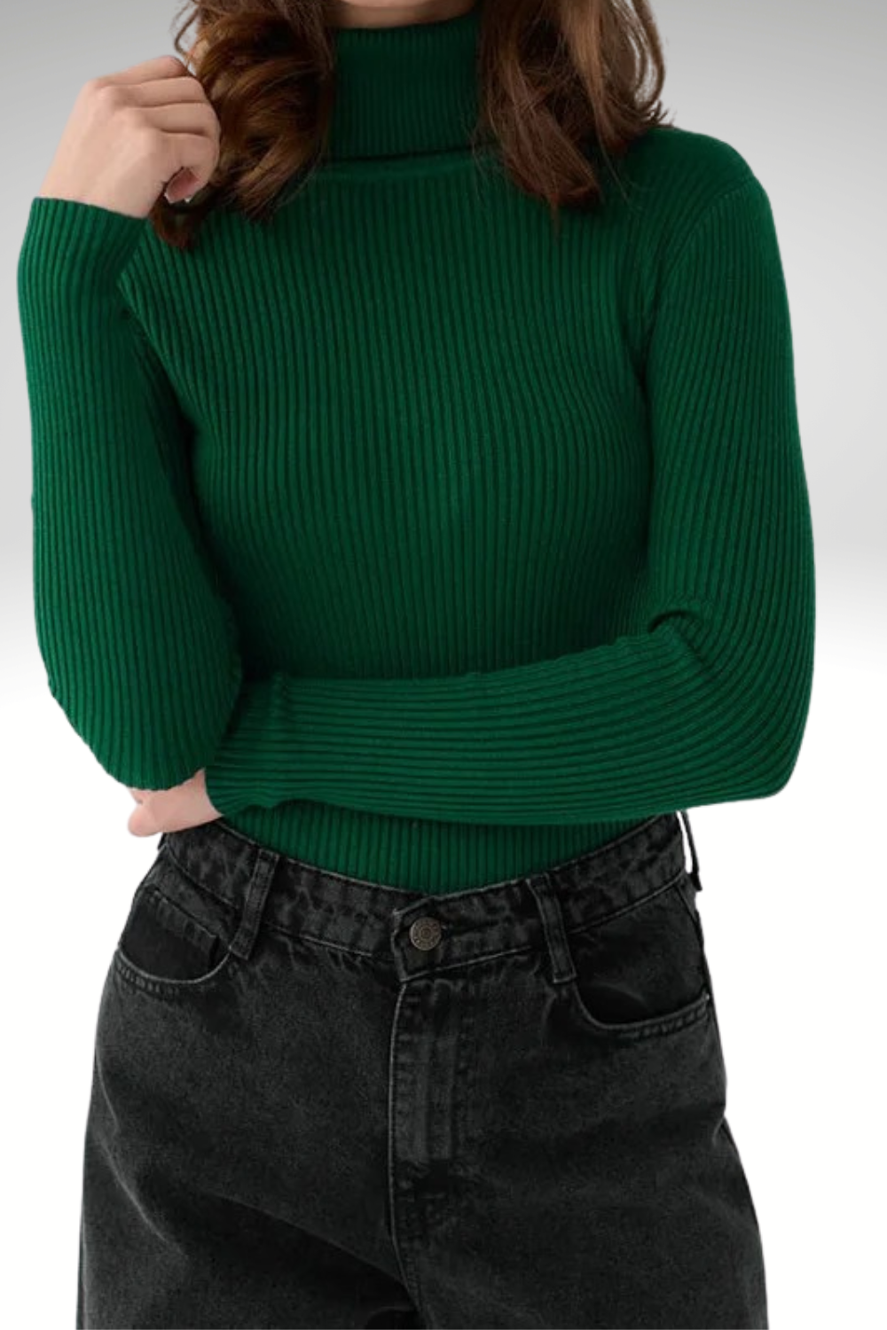 Women’s forest green slim turtleneck sweater – soft fall knit -vew face 
