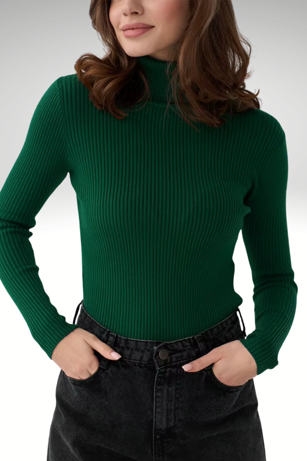 Women’s forest green slim turtleneck sweater – soft fall knit