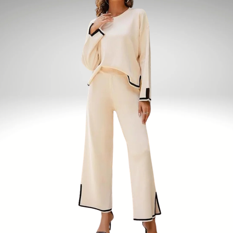 Women’s two-piece set White – V-neck sweater and wide-leg pants