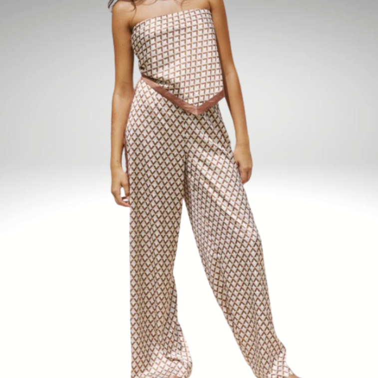Front view of women’s vintage brown two-piece set with sleeveless top and retro printed wide-leg pants