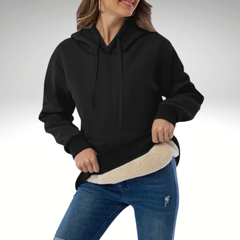Women’s warm black hooded jacket – front view with fleece lining