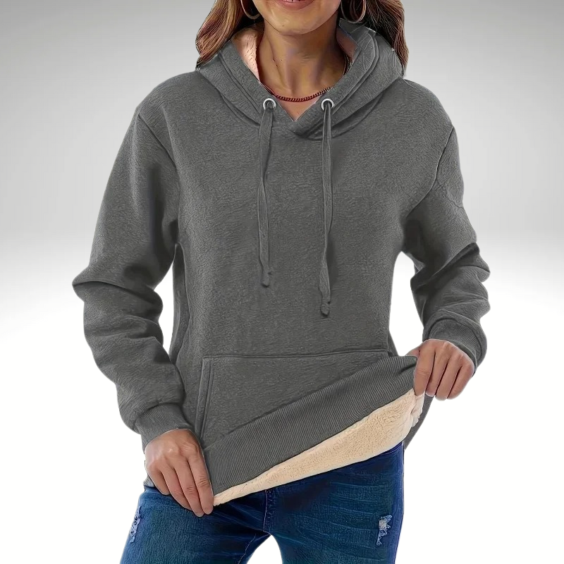 Women’s warm  dark grey hooded jacket – front view with fleece lining