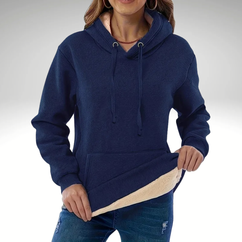 Women’s warm navy hooded jacket – front view with fleece lining