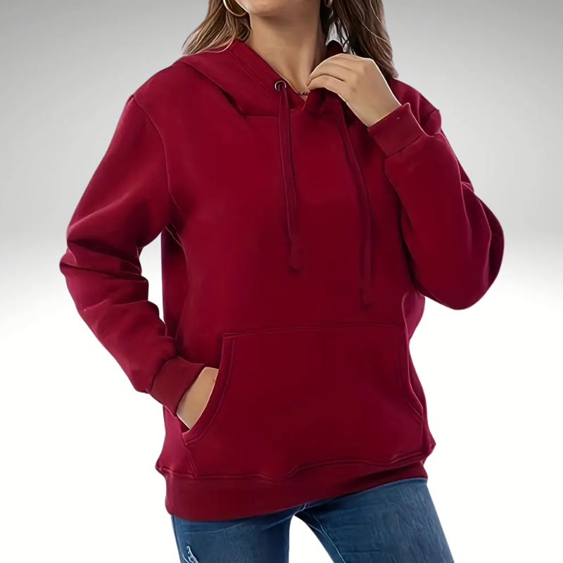 Women’s warm red hooded jacket – front view with fleece lining