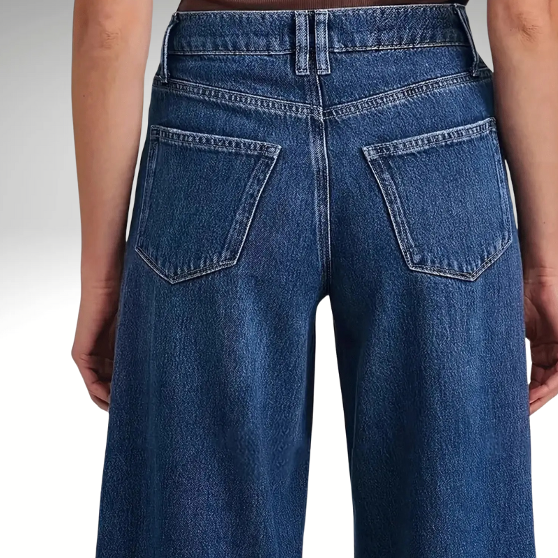 Women’s deep blue wide-leg jeans back view