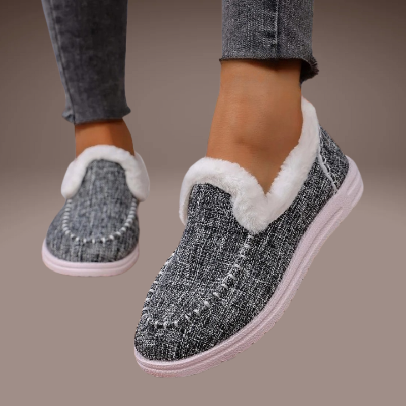women’s winter slippers in denim grey with white faux-fur lining