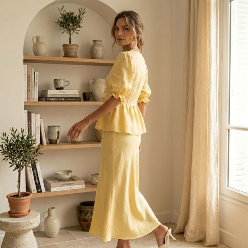 back view yellow women outfit flowing skirt