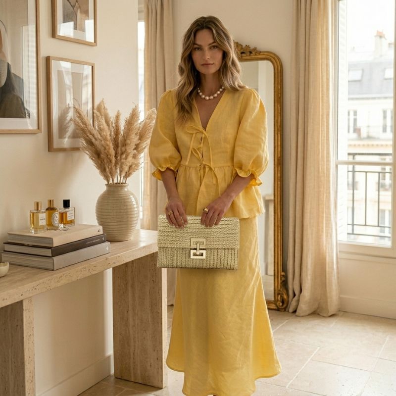 women yellow summer two piece set flowing maxi skirt