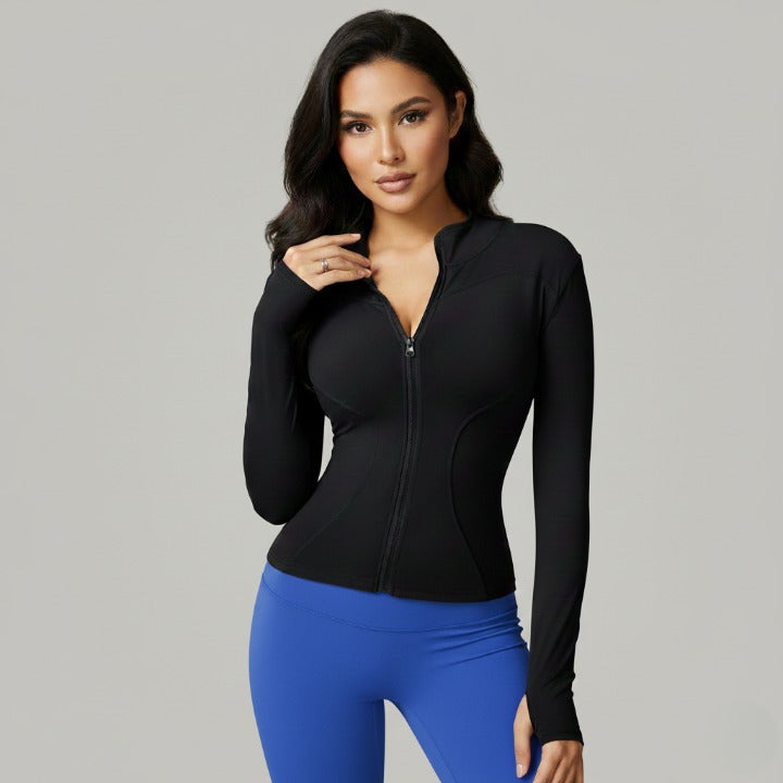 Black women’s zip-up sports jacket with turtleneck – front view