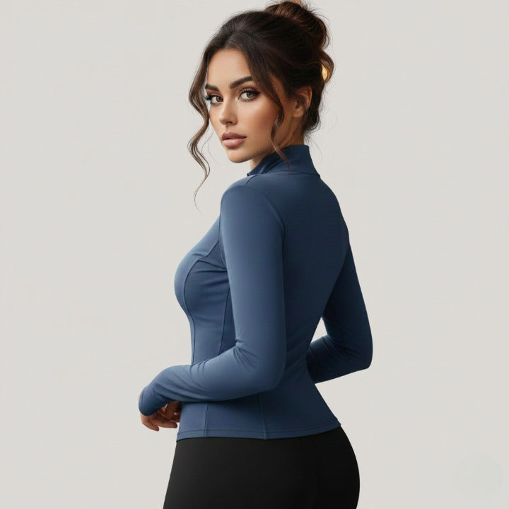 Blue itted women’s sports jacket – back view