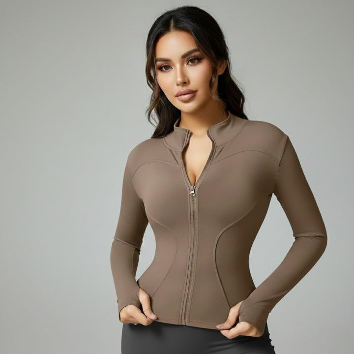 Brown women’s zip-up sports jacket with turtleneck – front view