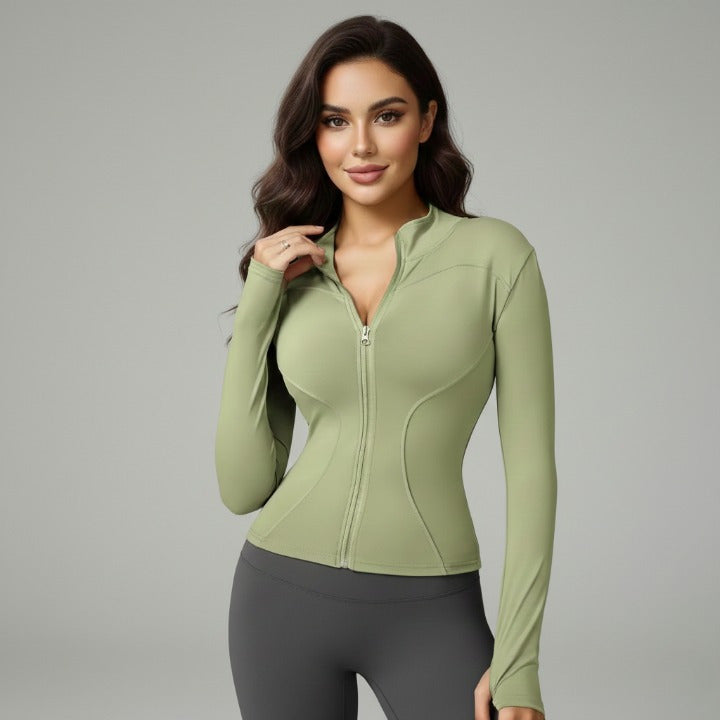 Green  women’s zip-up sports jacket with turtleneck – front view