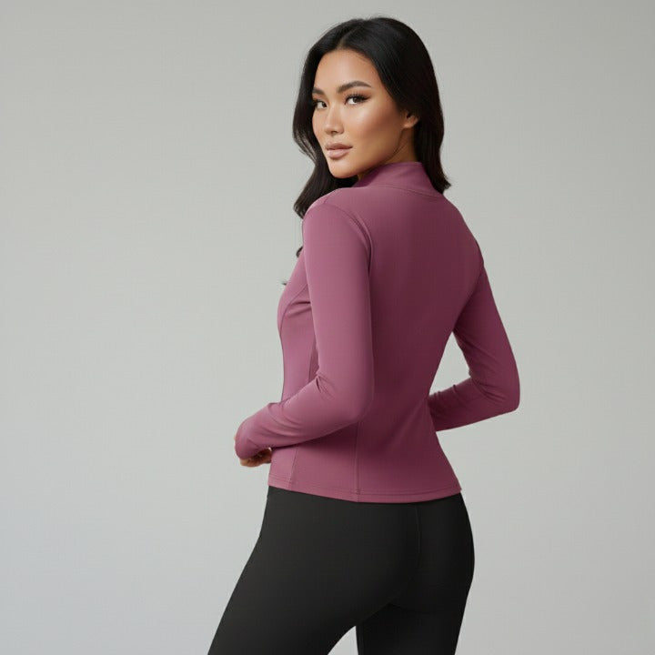 Pink fitted women’s sports jacket – back view