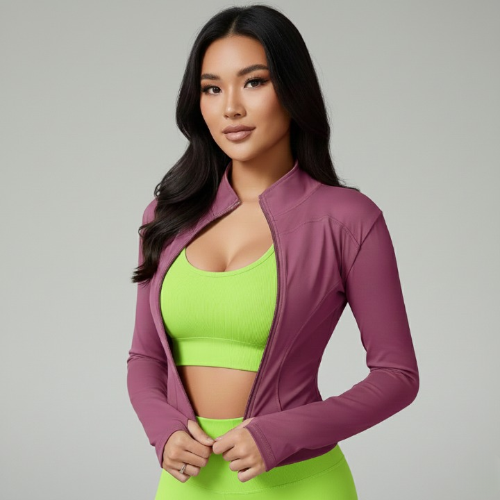 Pink women’s zip-up sports jacket with turtleneck – front view
