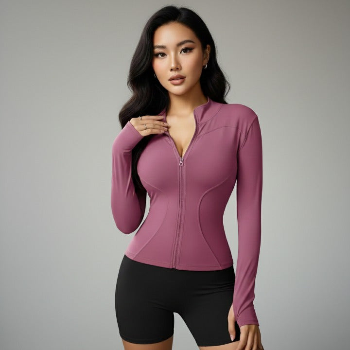 Pink  women’s zip-up sports jacket with turtleneck – front view