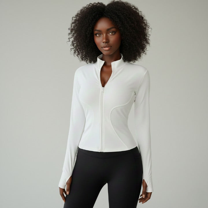 White women’s zip-up sports jacket with turtleneck – front view
