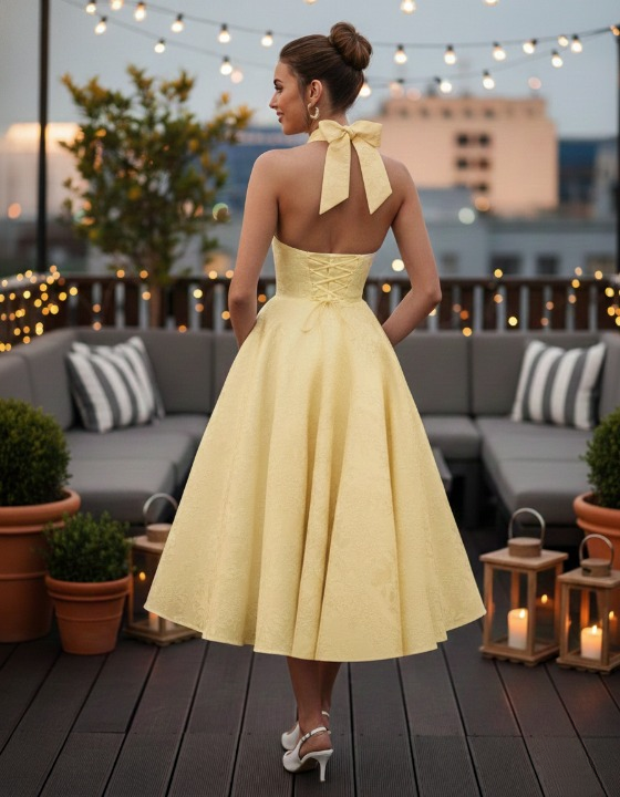 Yellow jacquard dress – back view showing detailed pattern
