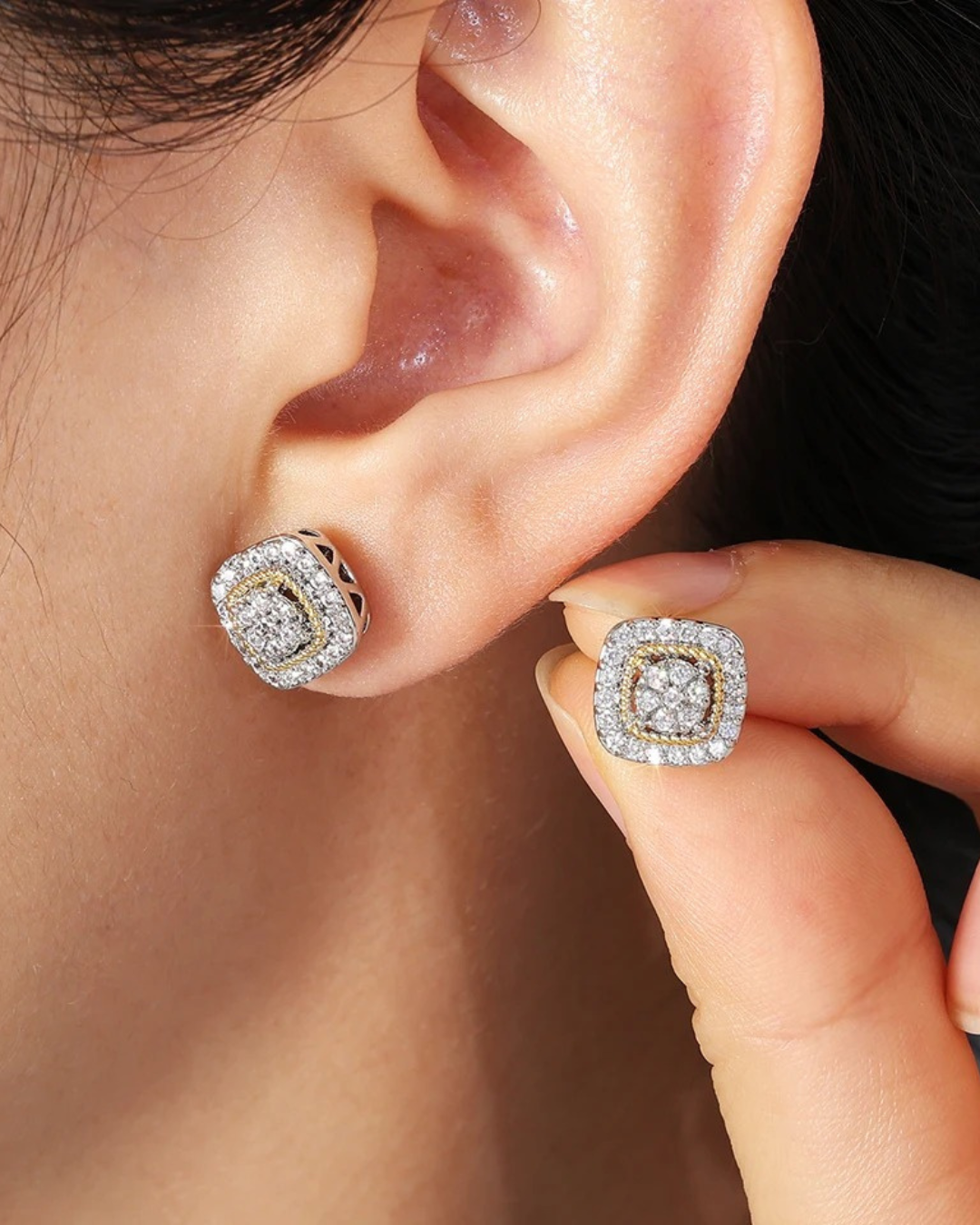 Women's zircon earrings with geometric cube design in gold and silver tones