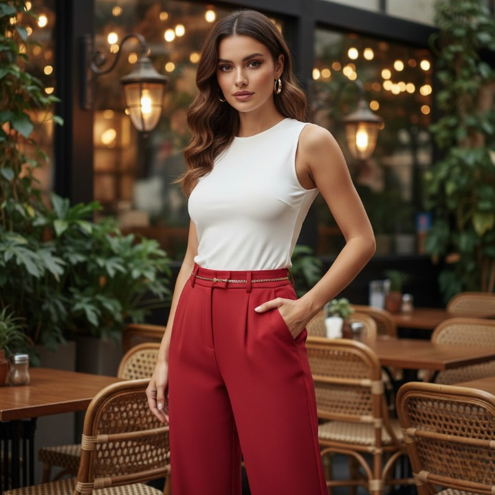 Zoe Pants red high-waist flowing women’s trousers
